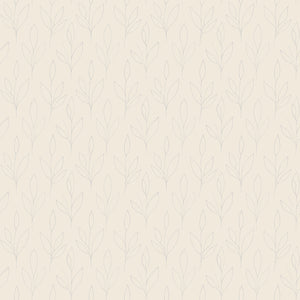 Ottilie wallpaper in Oat, soft gray leaf sprig outlines on a warm oat ground