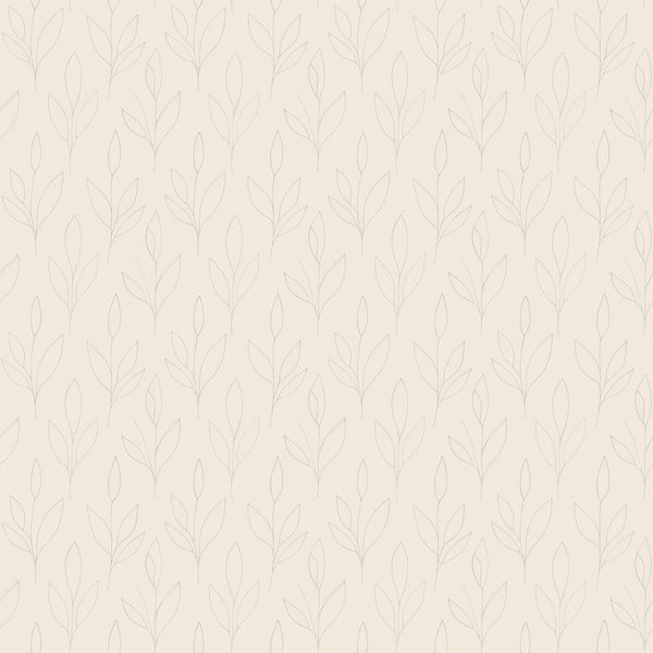 Ottilie wallpaper in Oat, soft gray leaf sprig outlines on a warm oat ground