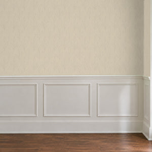 Ottilie Oat peel and stick wallpaper above white panel wainscoting