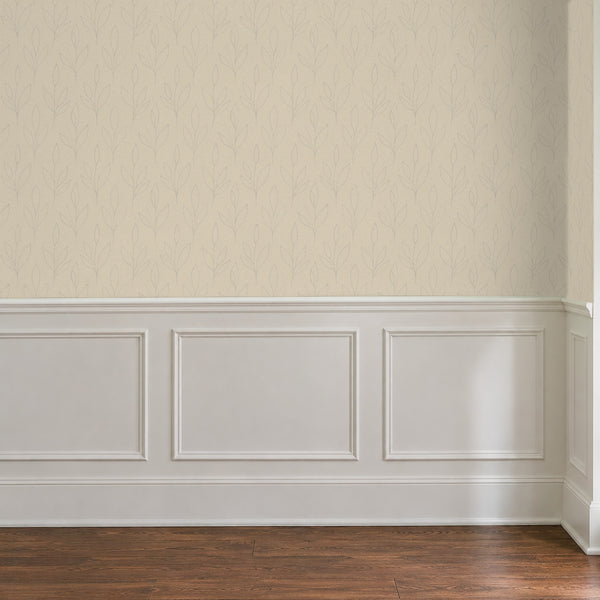 Ottilie Oat peel and stick wallpaper above white panel wainscoting