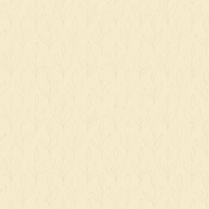 Ottilie wallpaper in Butter, soft tan leaf sprig outlines on a pale butter yellow ground