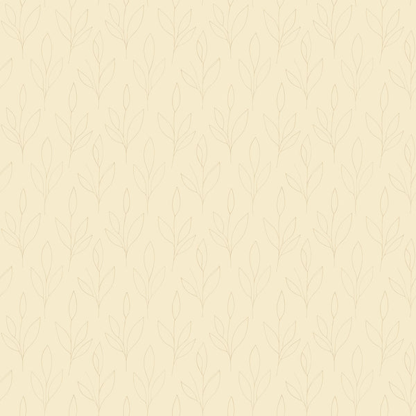 Ottilie wallpaper in Butter, soft tan leaf sprig outlines on a pale butter yellow ground