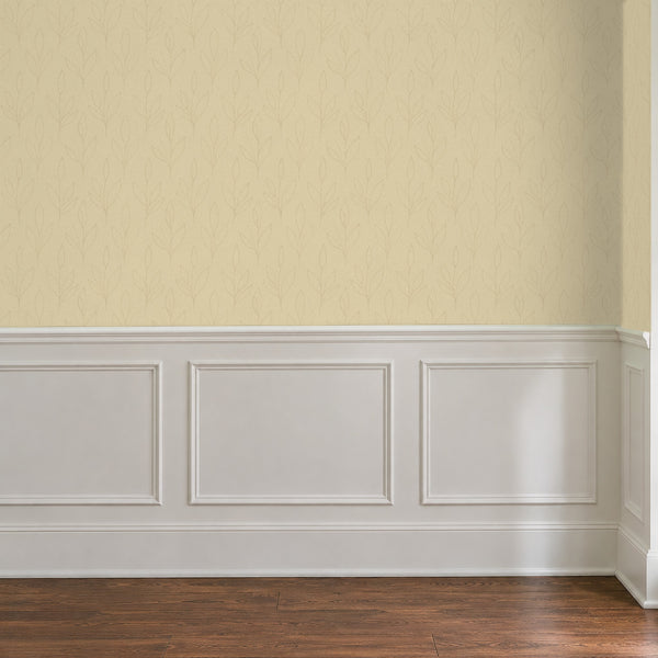 Ottilie Butter peel and stick wallpaper above white panel wainscoting