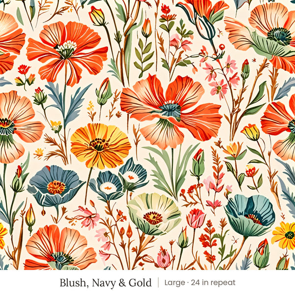 Posy wallpaper in Blush, Navy & Gold, large 24 in repeat, coral, blue and gold wildflowers on a cream ground