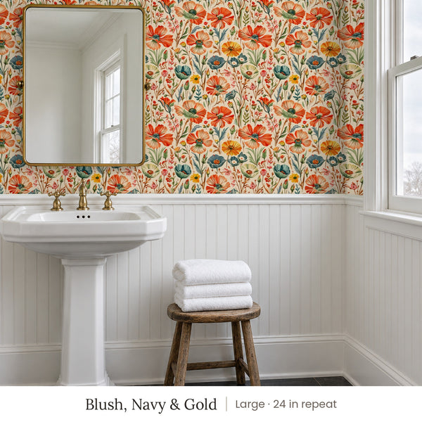 Posy Blush, Navy & Gold peel and stick wallpaper, large 24 in repeat, in a bathroom with a pedestal sink and white beadboard