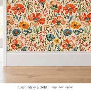 Posy Blush, Navy & Gold peel and stick wallpaper, large 24 in repeat, above a white baseboard and oak floor