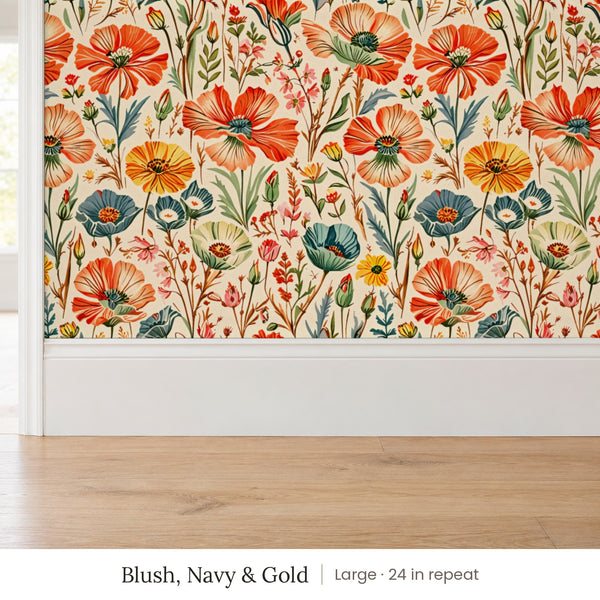 Posy Blush, Navy & Gold peel and stick wallpaper, large 24 in repeat, above a white baseboard and oak floor