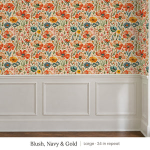 Posy Blush, Navy & Gold peel and stick wallpaper, large 24 in repeat, above white panel wainscoting