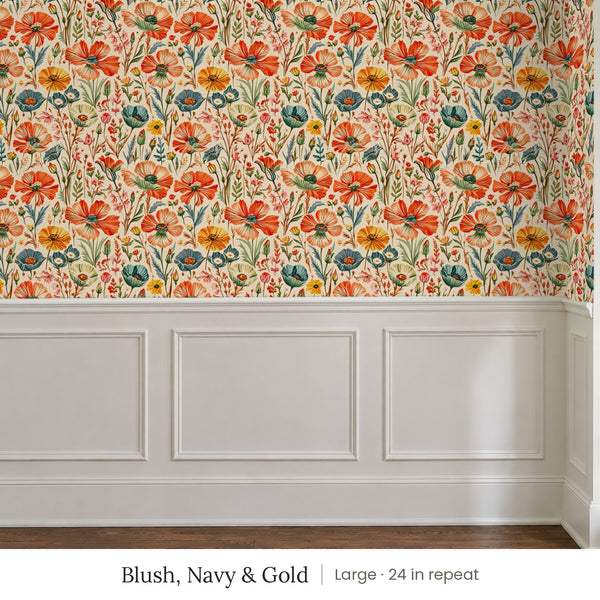 Posy Blush, Navy & Gold peel and stick wallpaper, large 24 in repeat, above white panel wainscoting