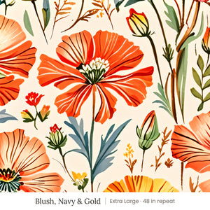 Posy wallpaper in Blush, Navy & Gold, extra large 48 in repeat, coral, blue and gold wildflowers on a cream ground