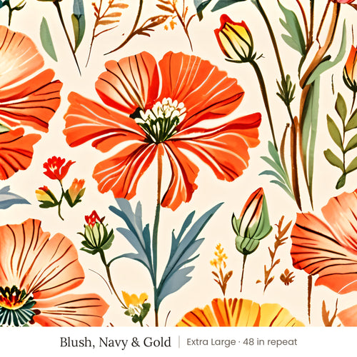 Posy wallpaper in Blush, Navy & Gold, extra large 48 in repeat, coral, blue and gold wildflowers on a cream ground