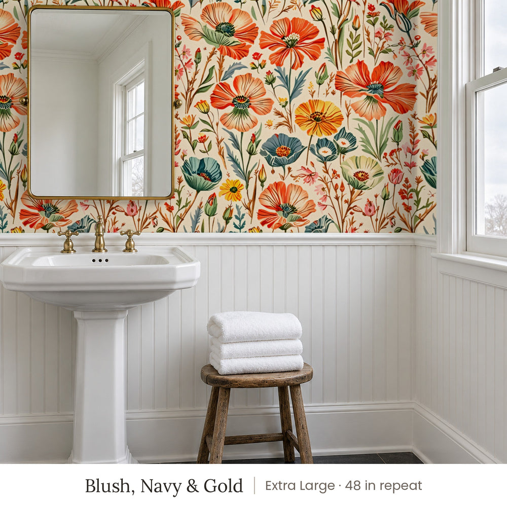 Posy Blush, Navy & Gold peel and stick wallpaper, extra large 48 in repeat, in a bathroom with a pedestal sink and white beadboard