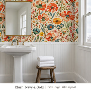 Posy Blush, Navy & Gold peel and stick wallpaper, extra large 48 in repeat, in a bathroom with a pedestal sink and white beadboard