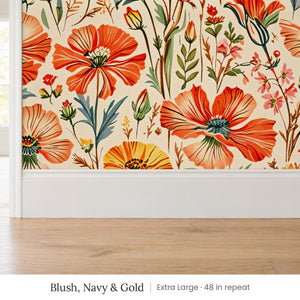 Posy Blush, Navy & Gold peel and stick wallpaper, extra large 48 in repeat, above a white baseboard and oak floor