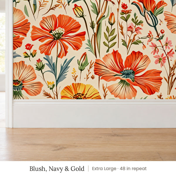 Posy Blush, Navy & Gold peel and stick wallpaper, extra large 48 in repeat, above a white baseboard and oak floor