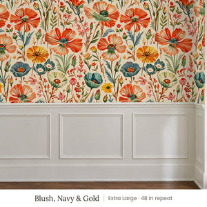 Posy Blush, Navy & Gold peel and stick wallpaper, extra large 48 in repeat, above white panel wainscoting