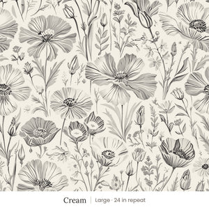 Posy wallpaper in Cream, large 24 in repeat, gray sketched wildflowers on a cream ground