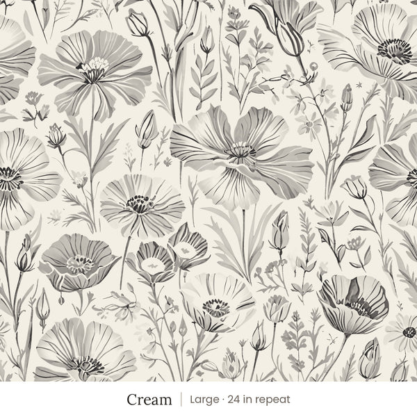 Posy wallpaper in Cream, large 24 in repeat, gray sketched wildflowers on a cream ground