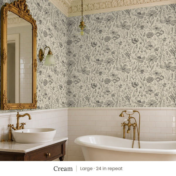 Posy Cream peel and stick wallpaper, large 24 in repeat, in a bathroom with a gilded mirror and a clawfoot tub