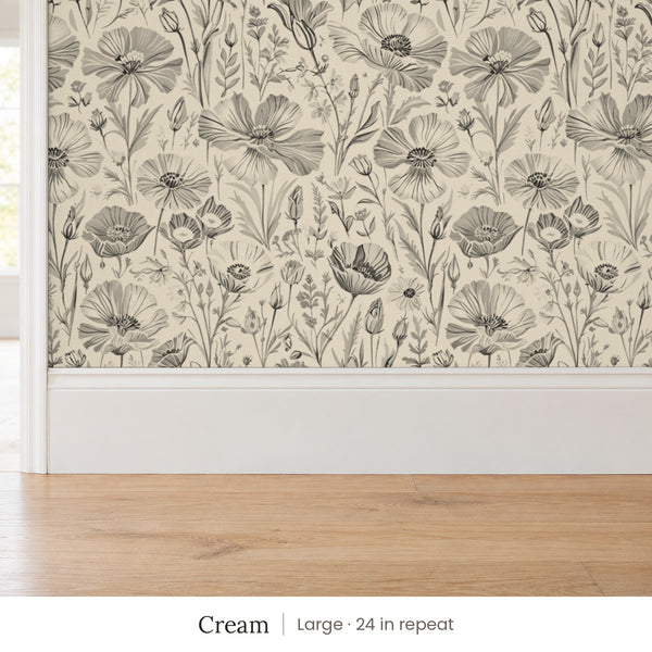 Posy Cream peel and stick wallpaper, large 24 in repeat, above a white baseboard and oak floor