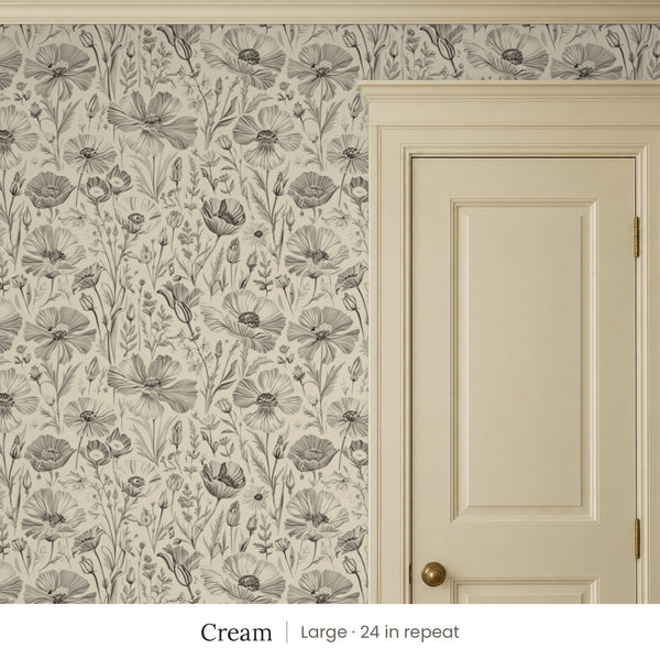 Posy Cream peel and stick wallpaper, large 24 in repeat, beside a cream paneled door