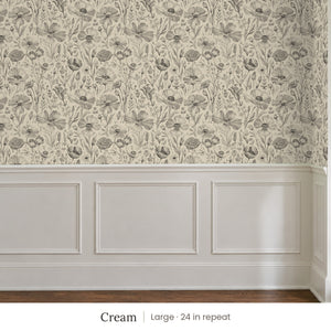Posy Cream peel and stick wallpaper, large 24 in repeat, above white panel wainscoting