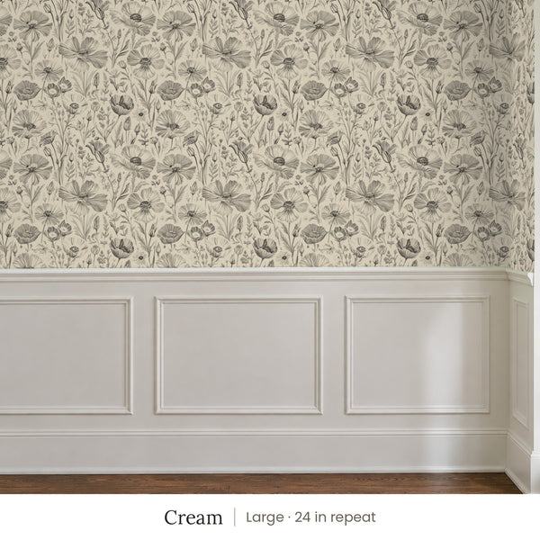 Posy Cream peel and stick wallpaper, large 24 in repeat, above white panel wainscoting