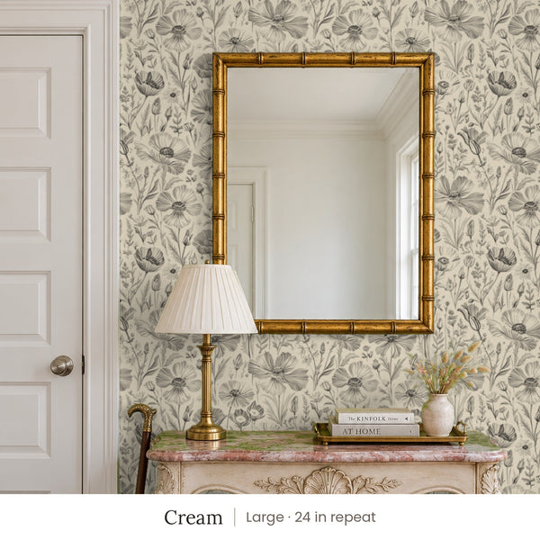 Posy Cream peel and stick wallpaper, large 24 in repeat, in an entry with a gold mirror and a painted console
