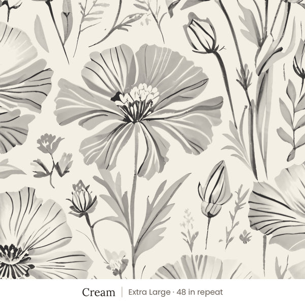 Posy wallpaper in Cream, extra large 48 in repeat, gray sketched wildflowers on a cream ground