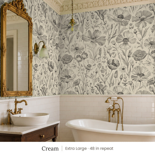 Posy Cream peel and stick wallpaper, extra large 48 in repeat, in a bathroom with a gilded mirror and a clawfoot tub