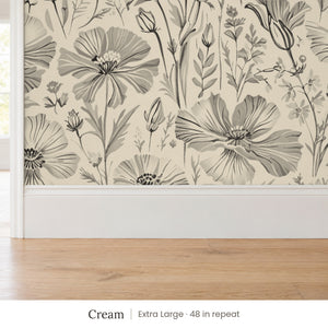 Posy Cream peel and stick wallpaper, extra large 48 in repeat, above a white baseboard and oak floor