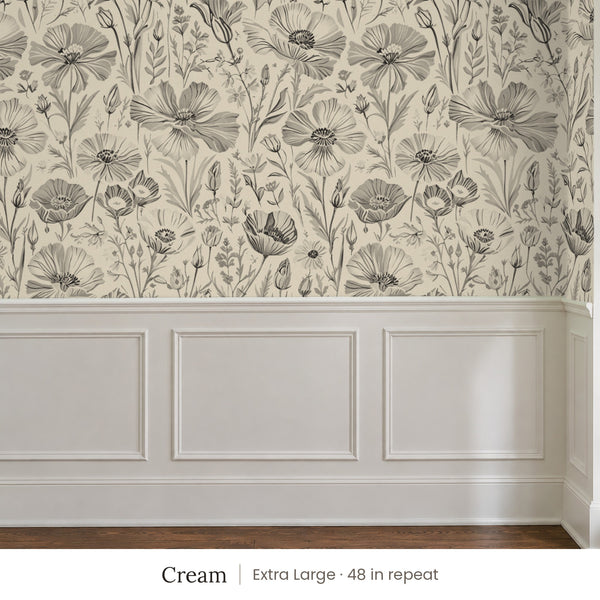 Posy Cream peel and stick wallpaper, extra large 48 in repeat, above white panel wainscoting