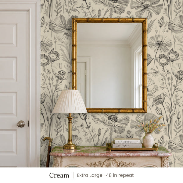 Posy Cream peel and stick wallpaper, extra large 48 in repeat, in an entry with a gold mirror and a painted console