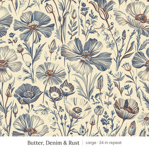 Posy wallpaper in Butter, Denim & Rust, large 24 in repeat, denim blue and rust wildflowers on a butter ground