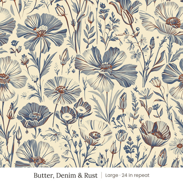 Posy wallpaper in Butter, Denim & Rust, large 24 in repeat, denim blue and rust wildflowers on a butter ground