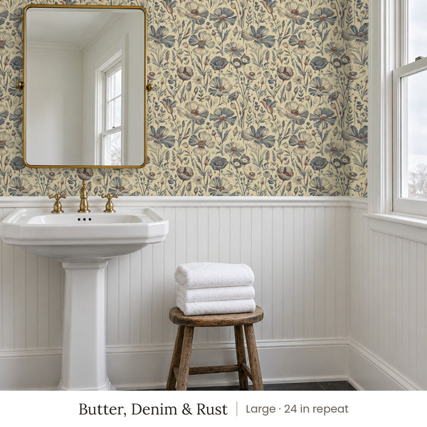 Posy Butter, Denim & Rust peel and stick wallpaper, large 24 in repeat, in a bathroom with a pedestal sink and white beadboard