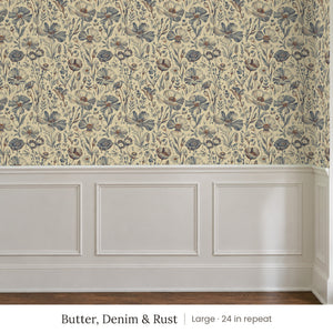 Posy Butter, Denim & Rust peel and stick wallpaper, large 24 in repeat, above white panel wainscoting