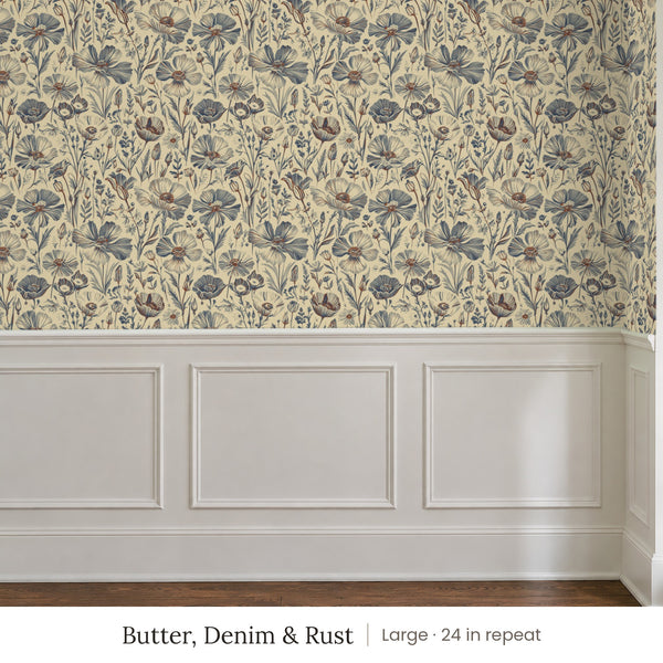 Posy Butter, Denim & Rust peel and stick wallpaper, large 24 in repeat, above white panel wainscoting
