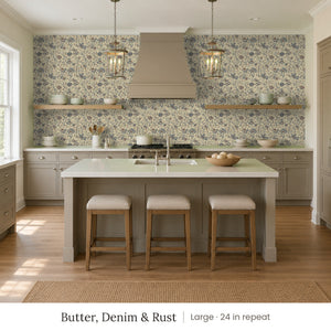 Posy Butter, Denim & Rust peel and stick wallpaper, large 24 in repeat, in a kitchen with an island and open shelves