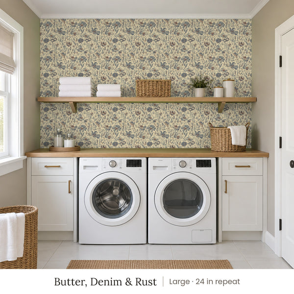 Posy Butter, Denim & Rust peel and stick wallpaper, large 24 in repeat, in a laundry room with a wood shelf above the machines