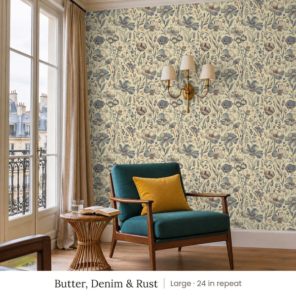 Posy Butter, Denim & Rust peel and stick wallpaper, large 24 in repeat, in a reading corner with a green armchair
