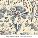 Posy wallpaper in Butter, Denim & Rust, extra large 48 in repeat, denim blue and rust wildflowers on a butter ground