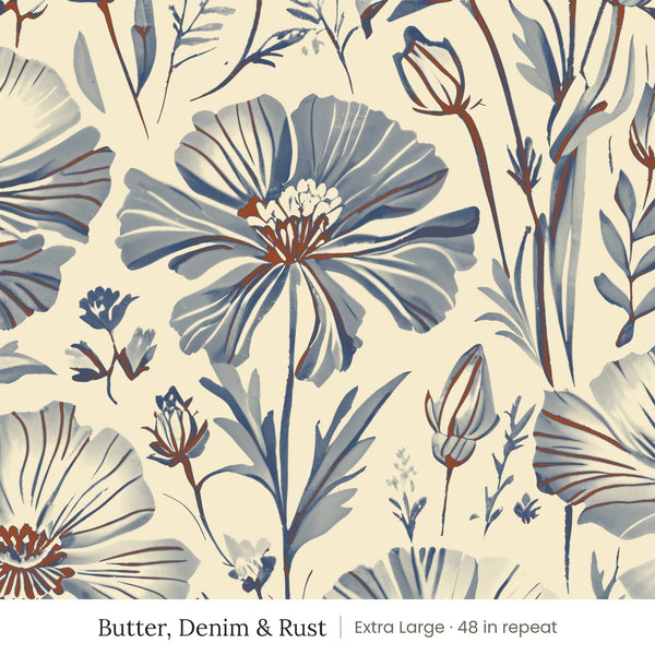Posy wallpaper in Butter, Denim & Rust, extra large 48 in repeat, denim blue and rust wildflowers on a butter ground