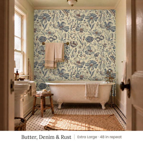 Posy Butter, Denim & Rust peel and stick wallpaper, extra large 48 in repeat, in a bathroom with a clawfoot tub and a towel bar
