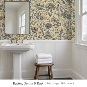 Posy Butter, Denim & Rust peel and stick wallpaper, extra large 48 in repeat, in a bathroom with a pedestal sink and white beadboard