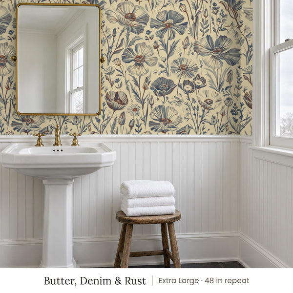 Posy Butter, Denim & Rust peel and stick wallpaper, extra large 48 in repeat, in a bathroom with a pedestal sink and white beadboard