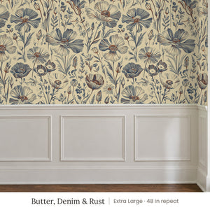 Posy Butter, Denim & Rust peel and stick wallpaper, extra large 48 in repeat, above white panel wainscoting