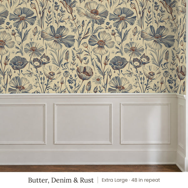 Posy Butter, Denim & Rust peel and stick wallpaper, extra large 48 in repeat, above white panel wainscoting