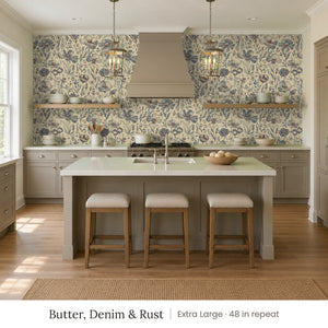 Posy Butter, Denim & Rust peel and stick wallpaper, extra large 48 in repeat, in a kitchen with an island and open shelves