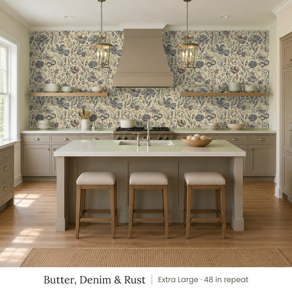 Posy Butter, Denim & Rust peel and stick wallpaper, extra large 48 in repeat, in a kitchen with an island and open shelves